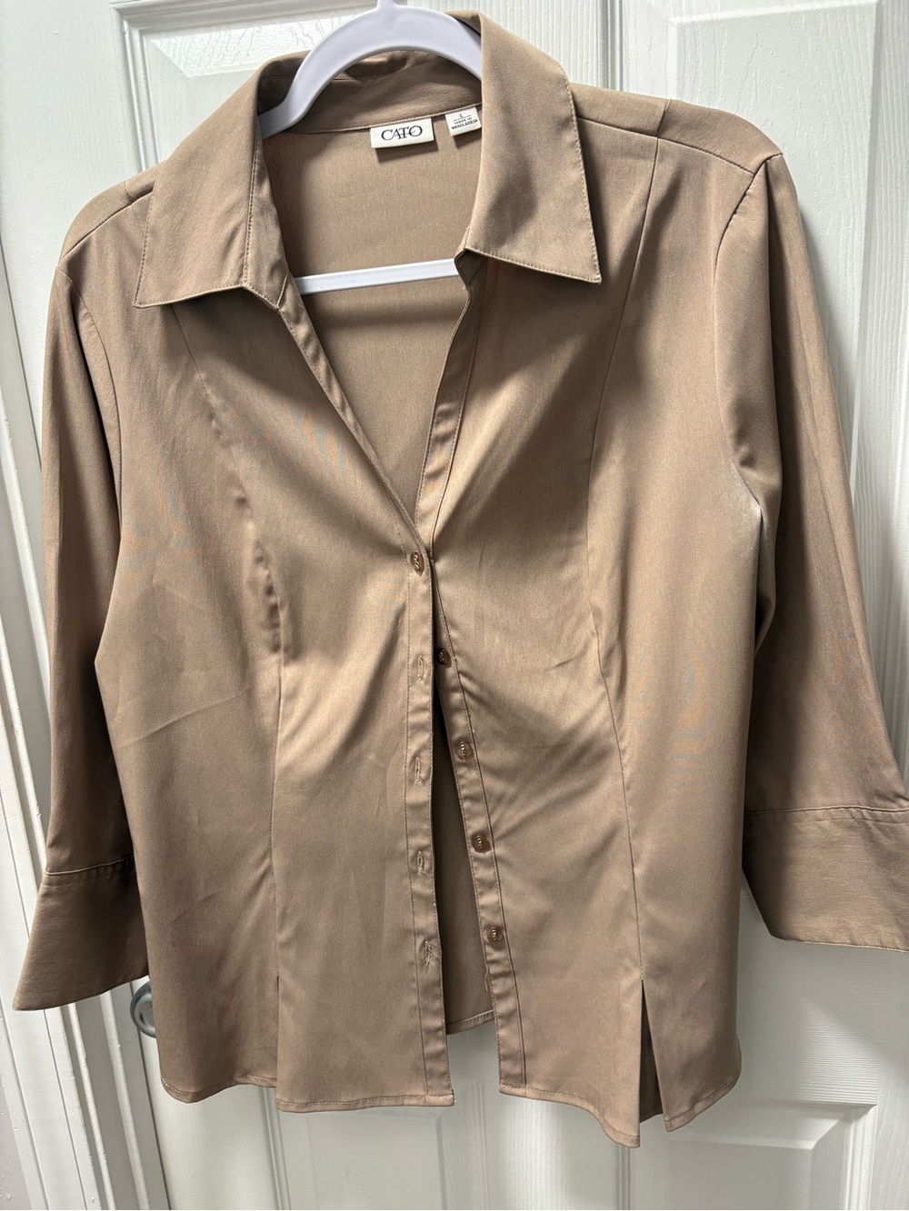Cato Button-Front Collared Blouse in Taupe